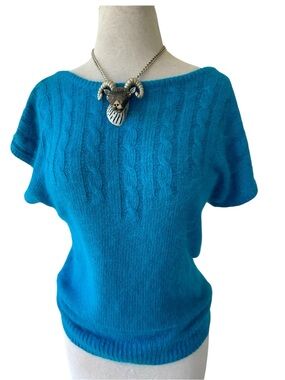 Vtg 80s Segue Blue Silk Angora Front To Back Sweater Sz S Cable Knit Trim